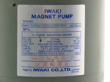Iwaki MD-100RM Magnetic Drive Water Pump 1"Poly Plastic 220V 3PH 135 L/min