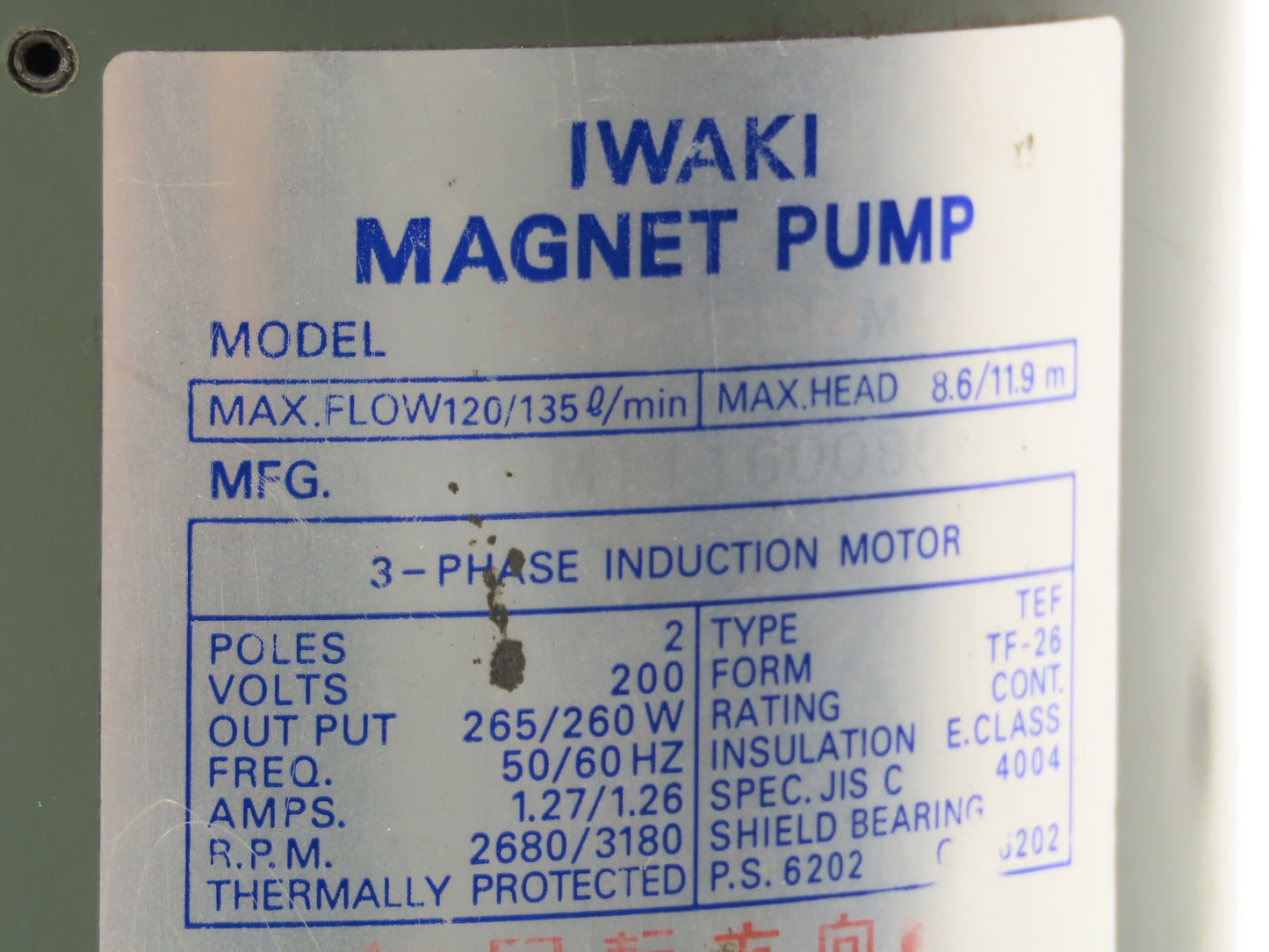 Iwaki MD-100RM Magnetic Drive Water Pump 1"Poly Plastic 220V 3PH 135 L/min