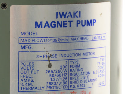 Iwaki MD-100RM Magnetic Drive Water Pump 1"Poly Plastic 220V 3PH 135 L/min