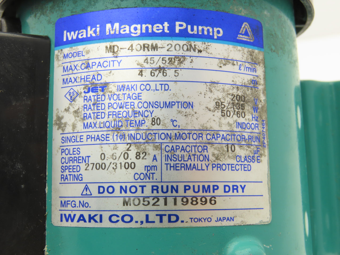Iwaki MD-40RM Magnetic Drive Water Pump 3/4"Poly Plastic 220V 3PH 52 L/min