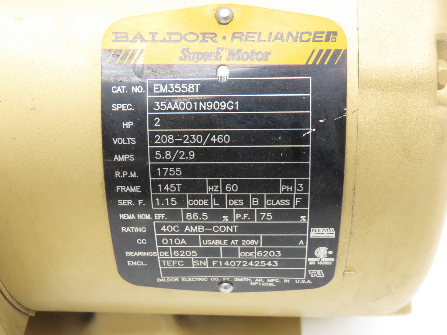 Baldor Reliance EM3558T AC Motor 2Hp 1755 RPM 230/460V 3PH 145T Super-E