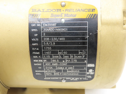 Baldor Reliance EM3558T AC Motor 2Hp 1755 RPM 230/460V 3PH 145T Super-E
