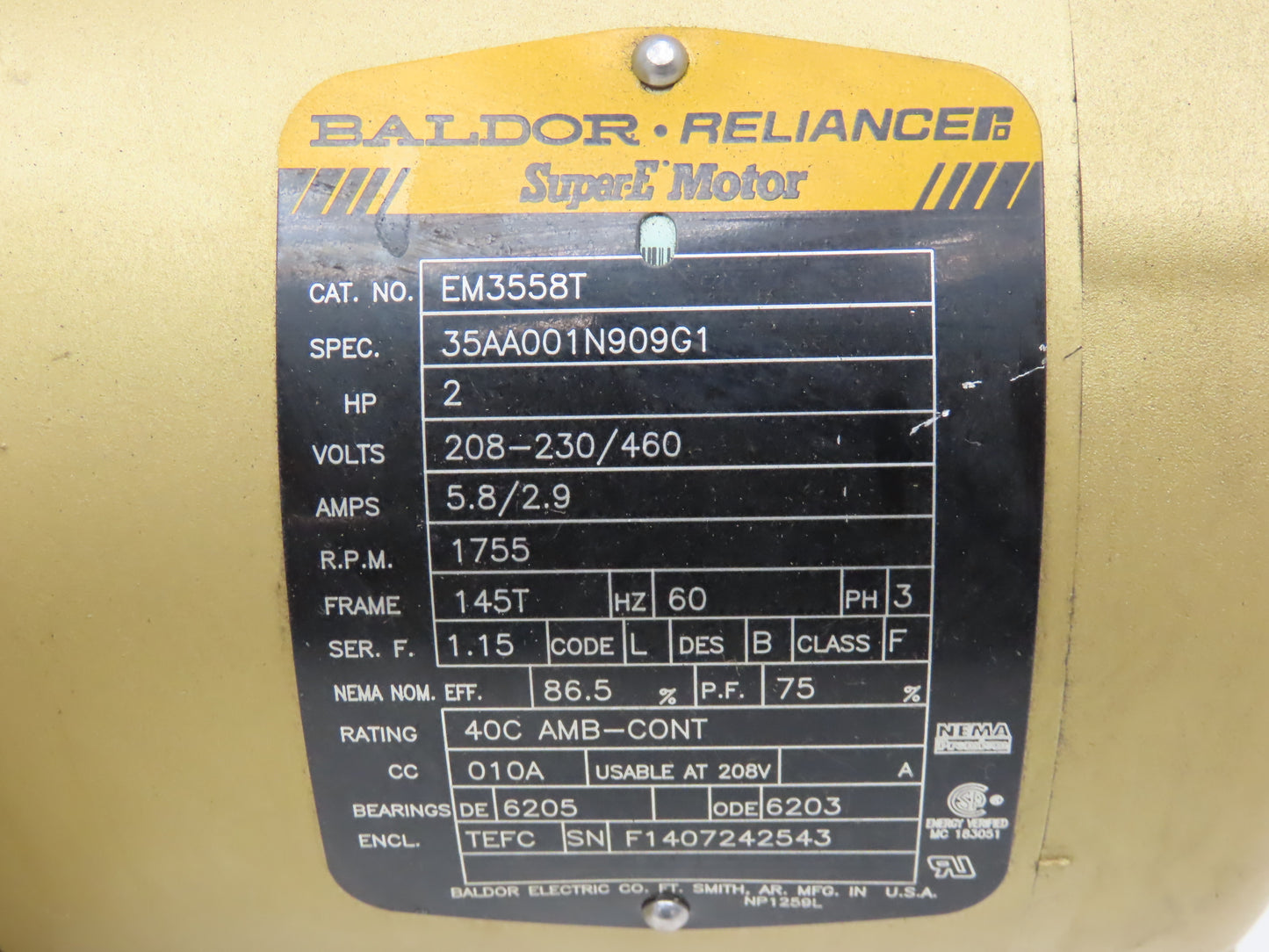 Baldor Reliance EM3558T AC Motor 2Hp 1755 RPM 230/460V 3PH 145T Super-E