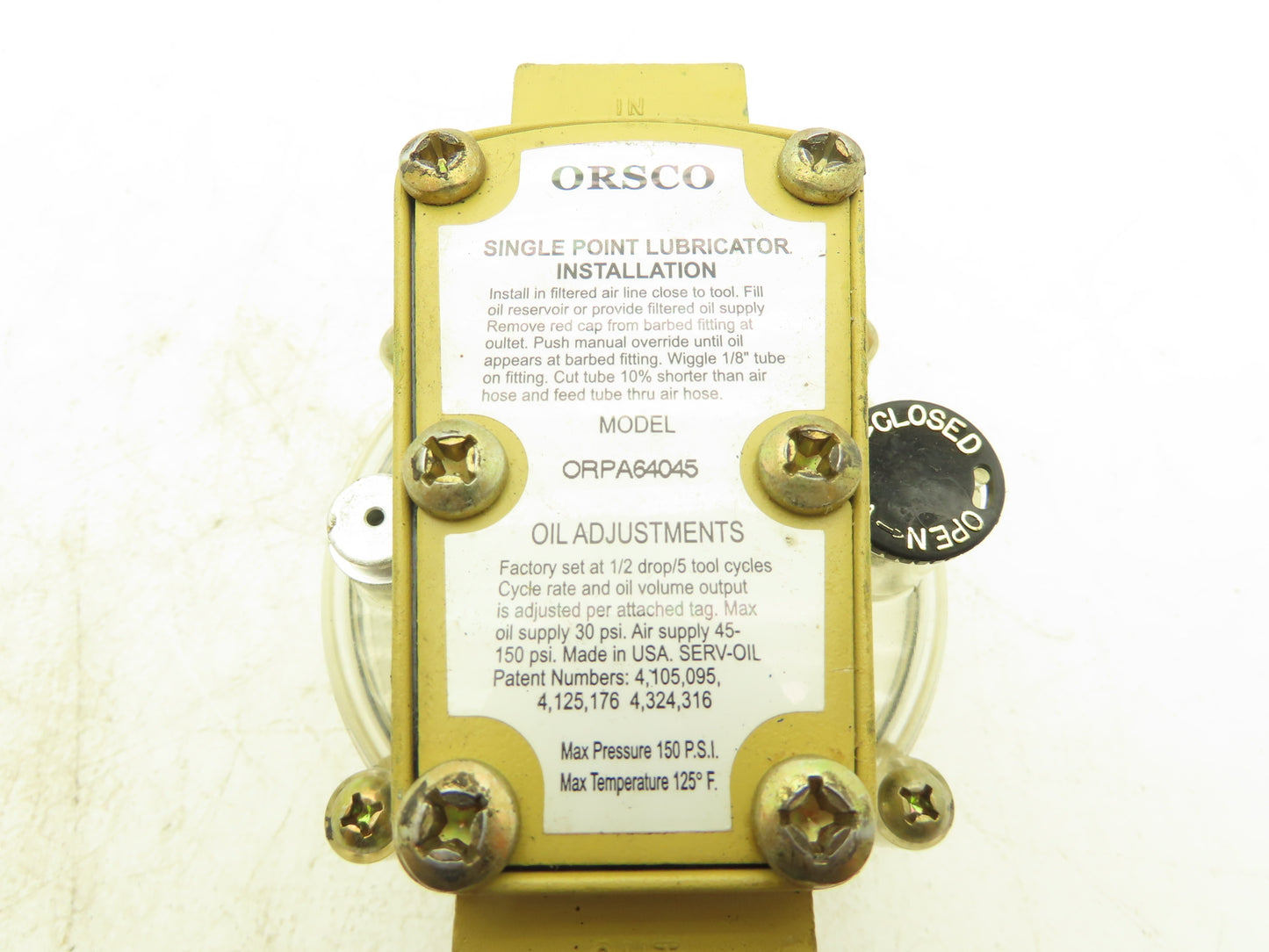 Orsco ORPA64045 Single Point Air Tool Lubricator 150PSI 125°F 1/2" NPT Inlet
