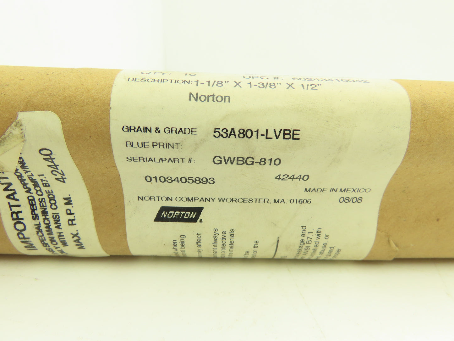 Norton GWBG-810 Alundum Grinding Wheel 1-1/8"OD x 1-3/8"L x 1/2"ID Lot of 40