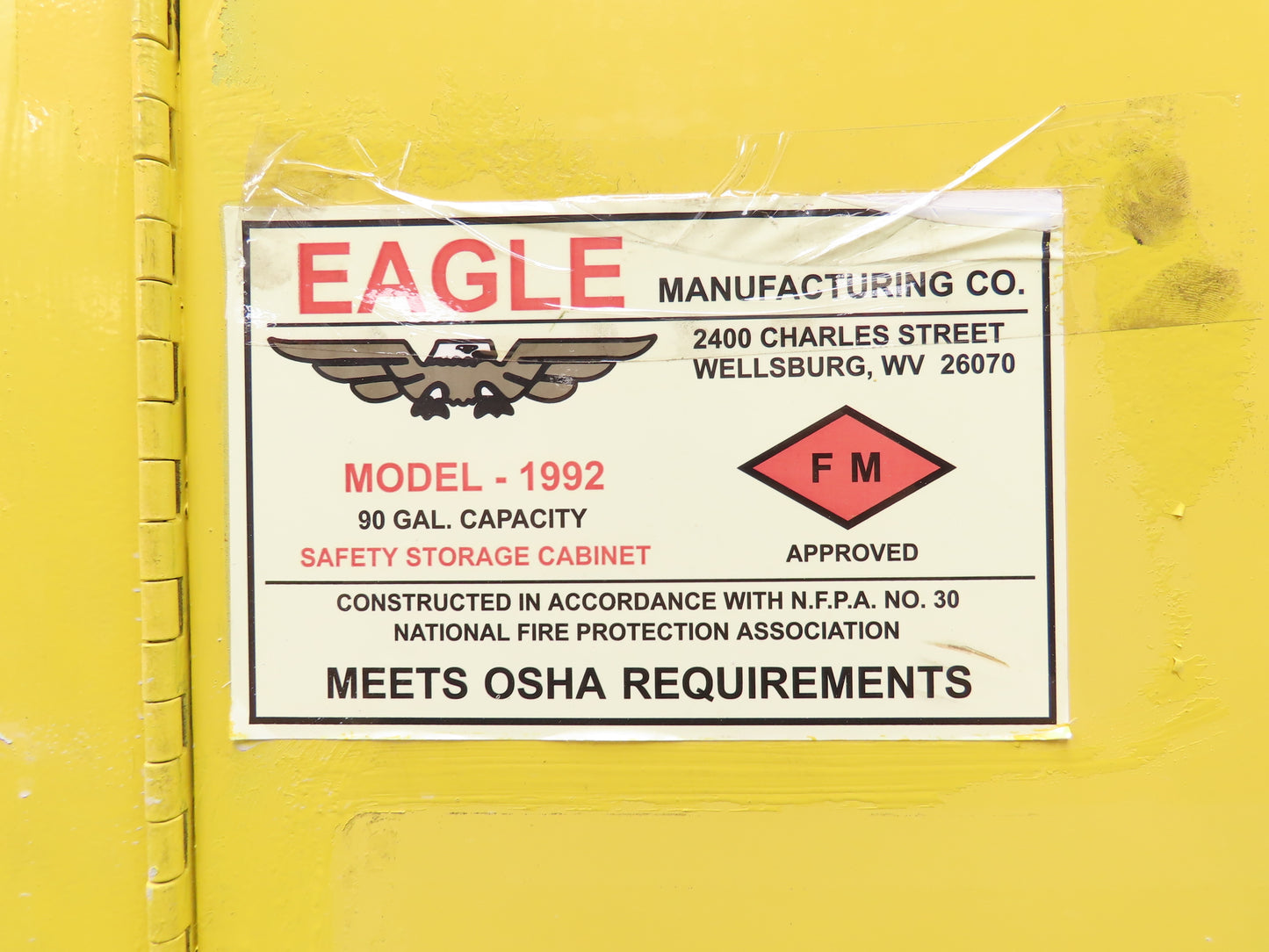 Eagle 1992 Flammable Liquid Safety Cabinet Yellow Dual Door 90 Gallon 43x34x65"