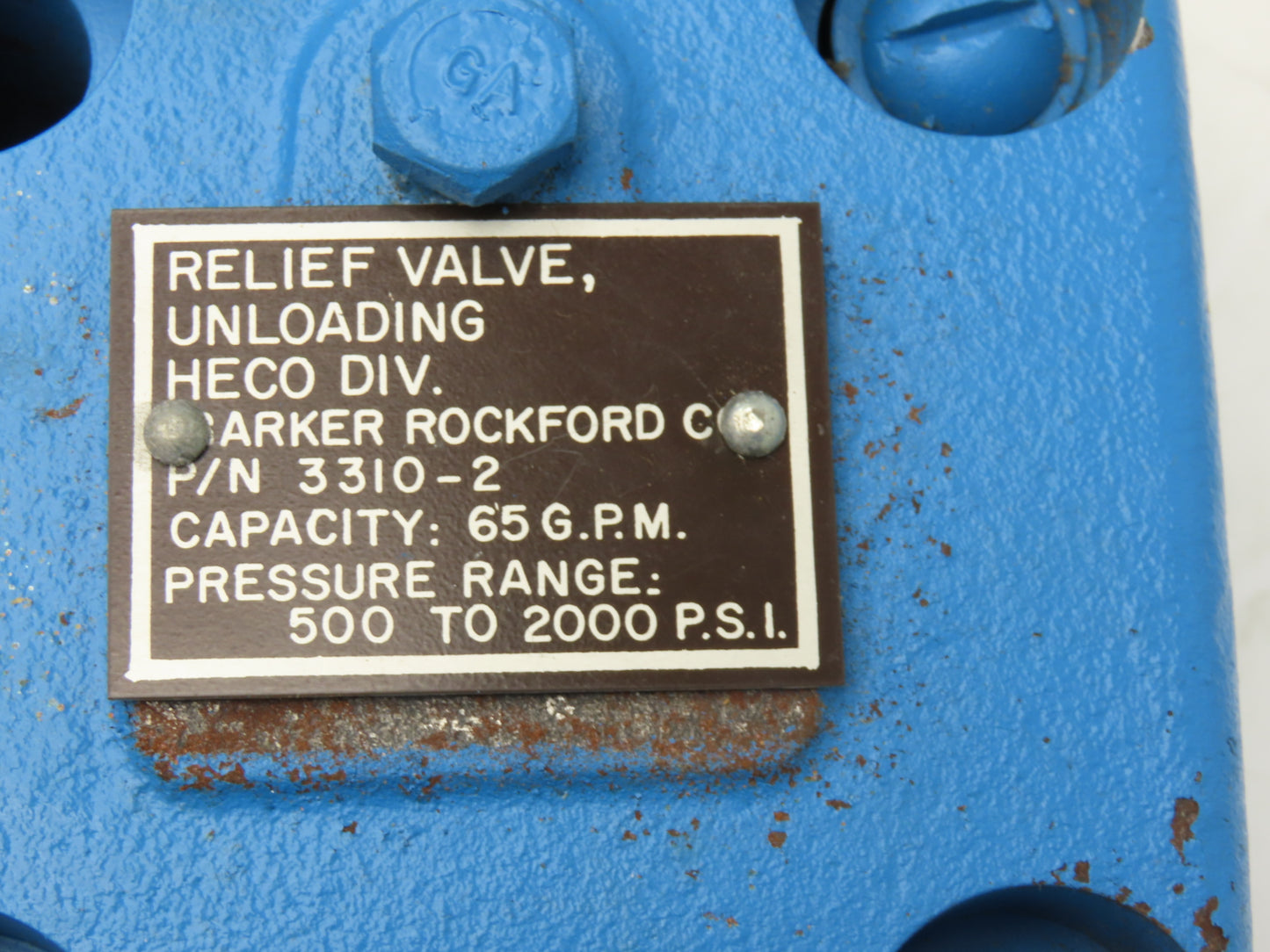 Barker Rockford 3310-2 Heco Unloading Relief Valve 65GPM Capacity 500-2000PSI