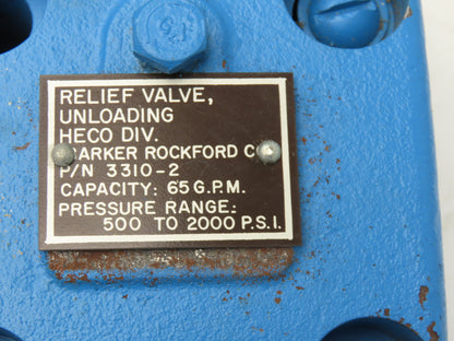 Barker Rockford 3310-2 Heco Unloading Relief Valve 65GPM Capacity 500-2000PSI