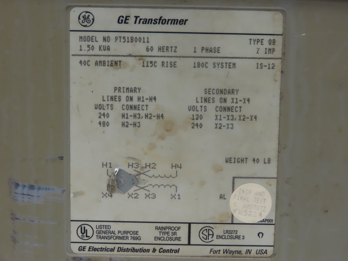 GE General Electric 9T51B0011 Transformer 1.5kva HV 240/480V LV 120/240V 1PH