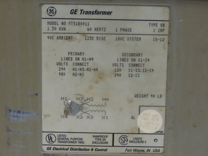 GE General Electric 9T51B0011 Transformer 1.5kva HV 240/480V LV 120/240V 1PH