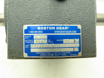 Boston Gear F72410B7H Worm Gearbox 10:1 Reducer 3Hp 175rpm 143/145TC Dual Shaft