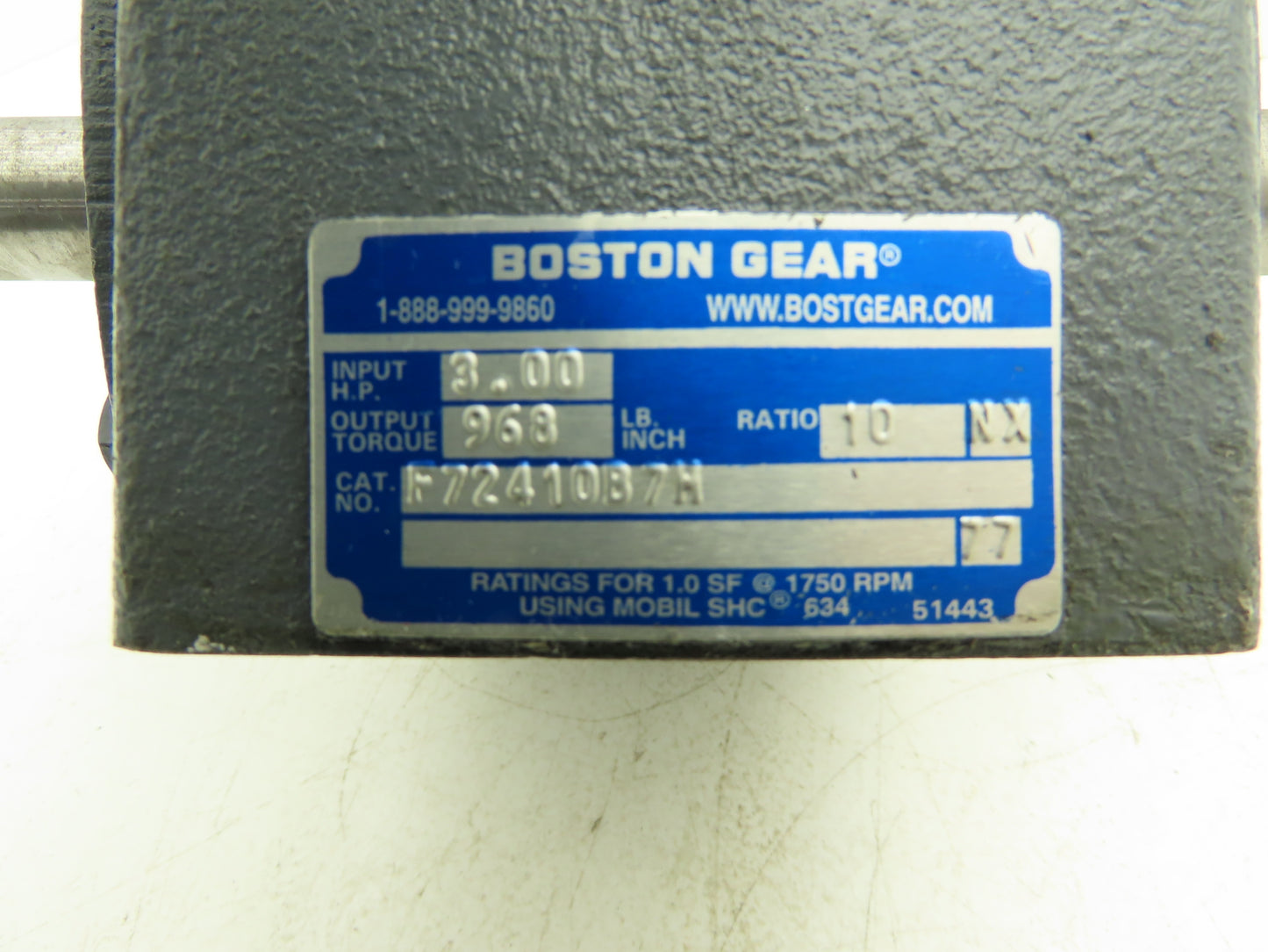 Boston Gear F72410B7H Worm Gearbox 10:1 Reducer 3Hp 175rpm 143/145TC Dual Shaft