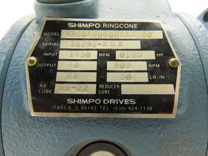 Shimpo NXC0400000AAA000 Worm Gearbox 2.2:1 Inline Reducer 1/2Hp 800rpm No Cover