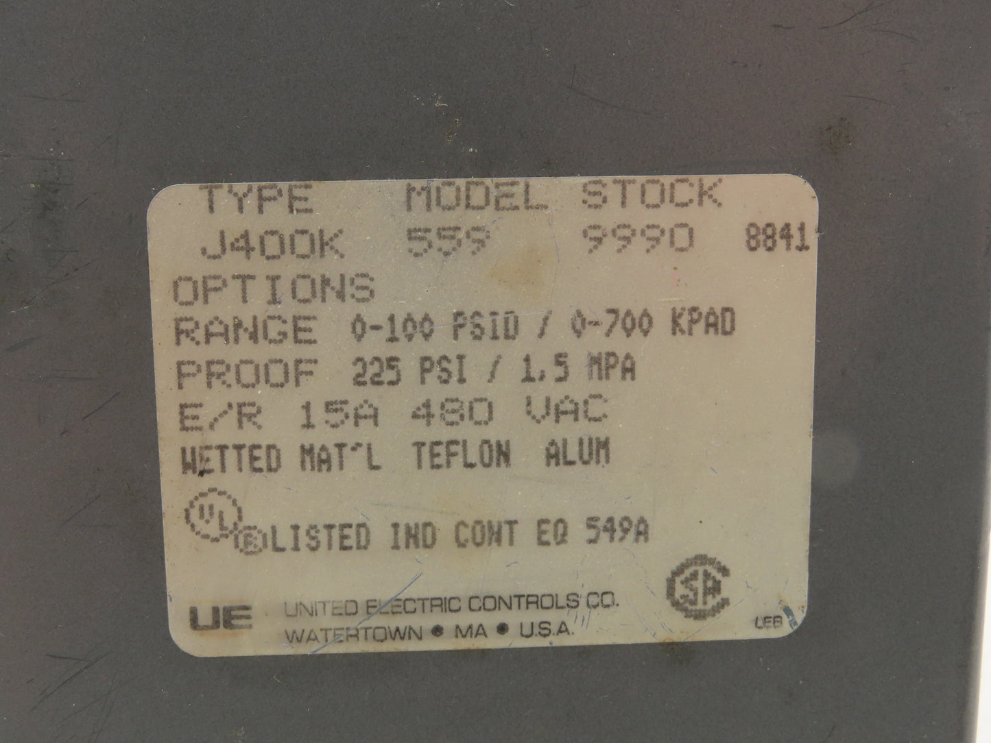 United Electric J400K 559 9990 Differential Pressure Switch Adjustable Deadband