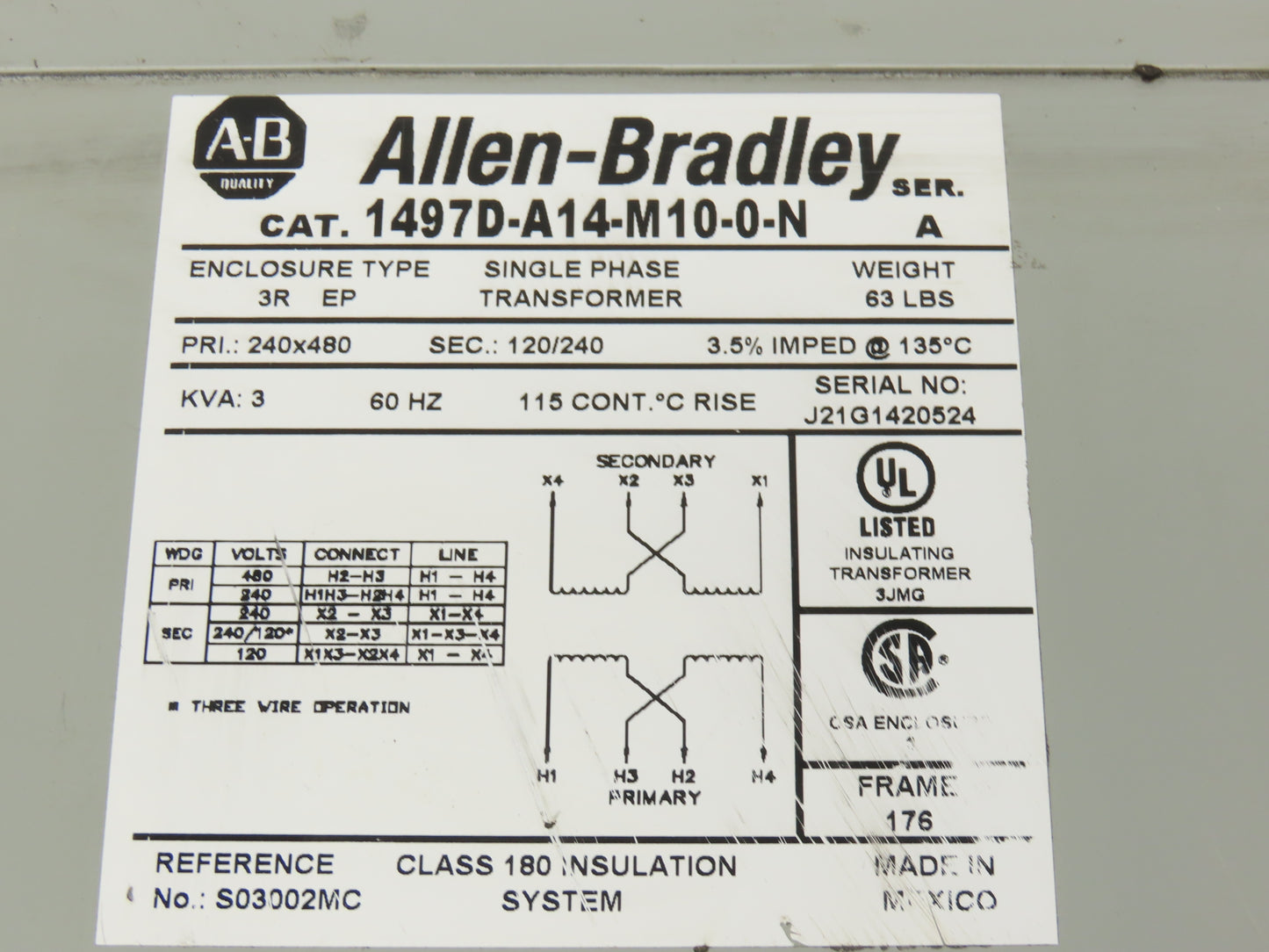 Allen Bradley 1497D-A14-M10-0-N Transformer 3kva HV 240/480V LV 120/240V 1PH