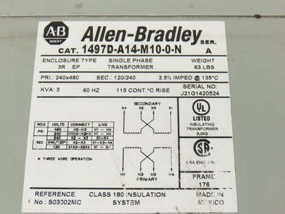 Allen Bradley 1497D-A14-M10-0-N Transformer 3kva HV 240/480V LV 120/240V 1PH