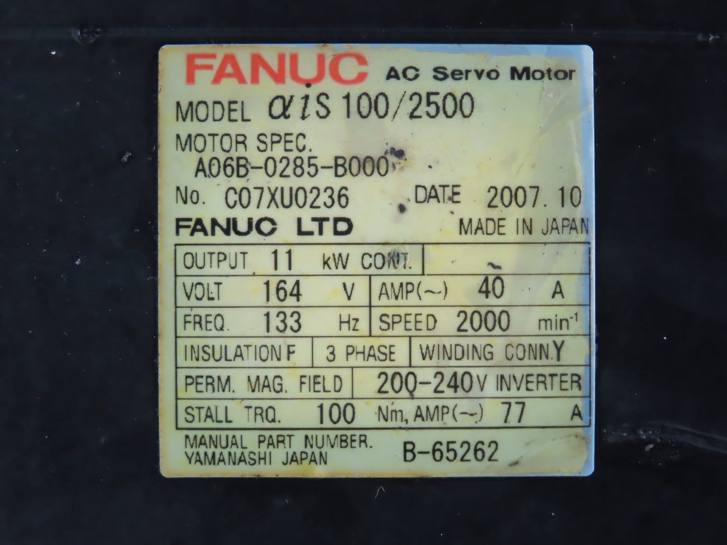 Fanuc A06B-0285-B000 AC Servo Motor 11kw 164V 2000 RPM Encoder A860-2000-T301