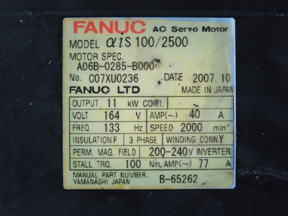 Fanuc A06B-0285-B000 AC Servo Motor 11kw 164V 2000 RPM Encoder A860-2000-T301