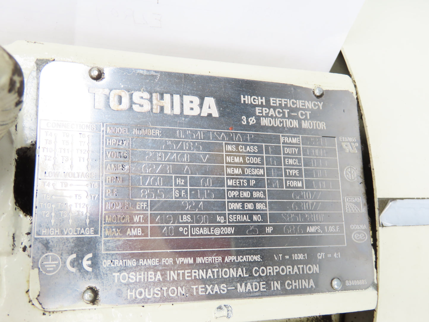 Toshiba 0254FTSA21A-P AC Motor 25Hp 18.5kw 1760 RPM 230/460V 3PH 284T Epact-CT
