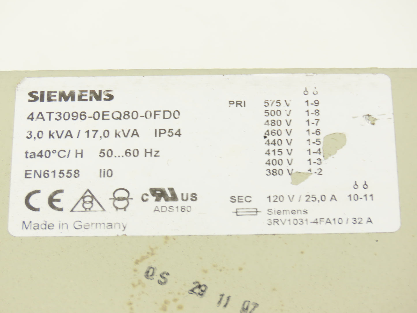 Siemens 4AT3096-0EQ80-0FD0 Stepdown Transformer 3/17kva HV 280-575V LV 120V 1PH