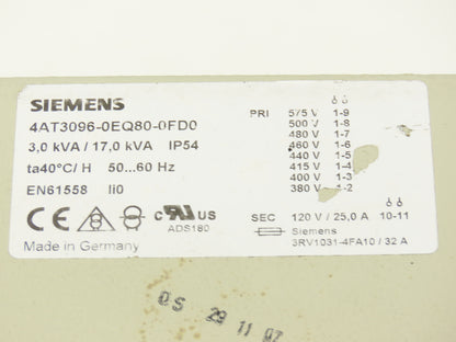 Siemens 4AT3096-0EQ80-0FD0 Stepdown Transformer 3/17kva HV 280-575V LV 120V 1PH