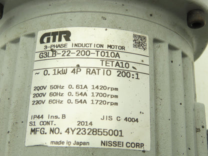 GTR Nissei G3LB-22-200-T010A Gearmotor 200:1 Ratio 0.1kw 8.6rpm 220V 3PH