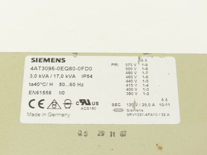 Siemens 4AT3096-0EQ80-0FD0 Stepdown Transformer 3/17kva HV 280-575V LV 120V 1PH
