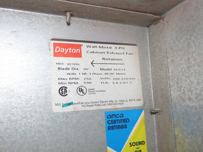 Dayton 6D574 Cabinet Exhaust Fan 30" Shutter Mounted 1HP 230/460V 3PH 9408CFM