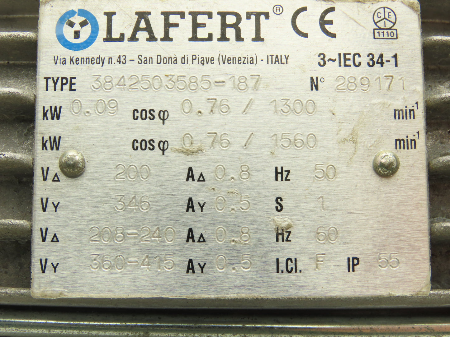 Lafert 3842503585-187 Gearmotor 10:1 Ratio 156rpm .09kw 240/415V 3PH Hex Shaft