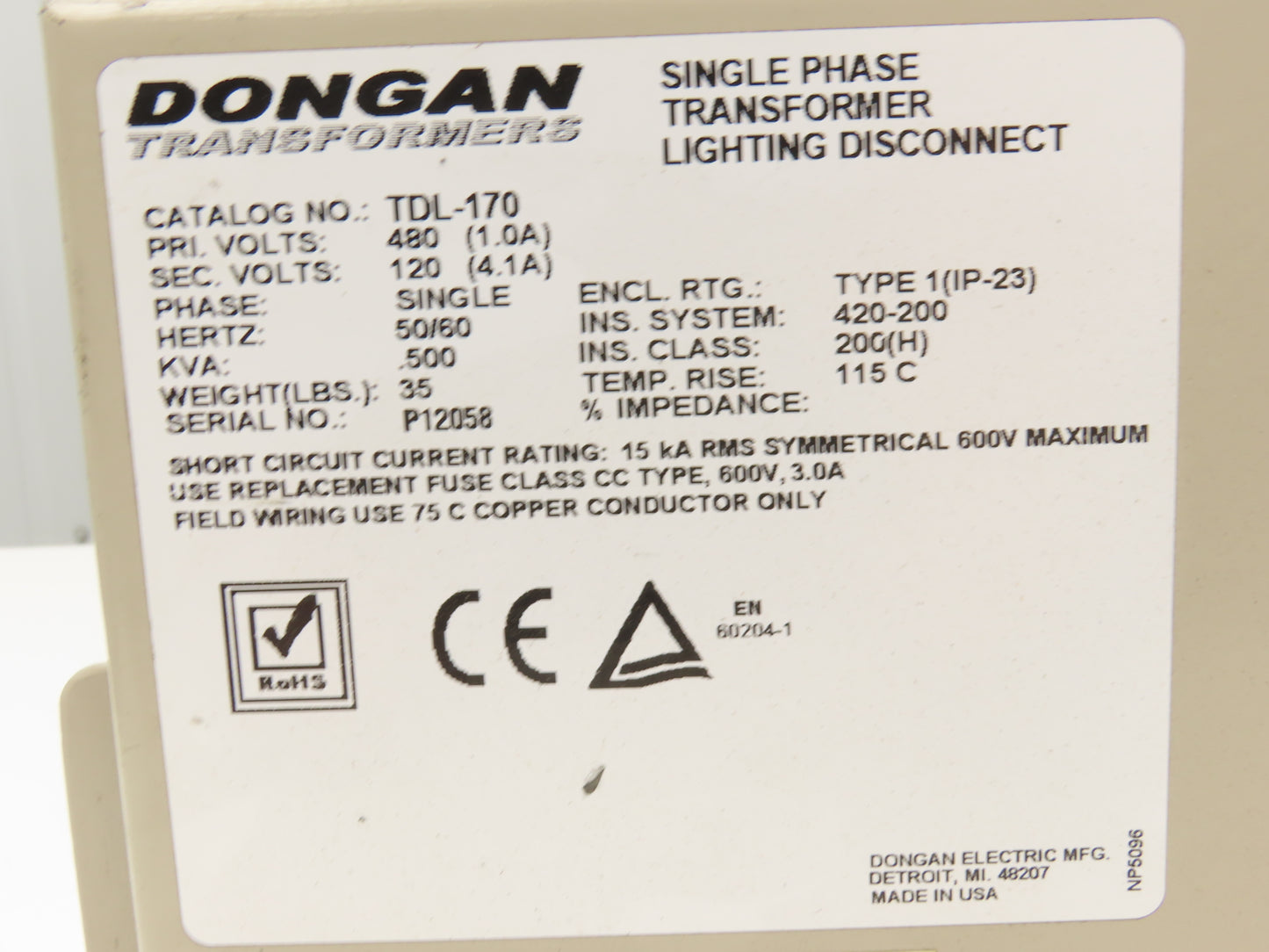Dongan TDL-170 Transformer Lighting Disconnect 1/2KVA 1PH HV 480V LV 120V