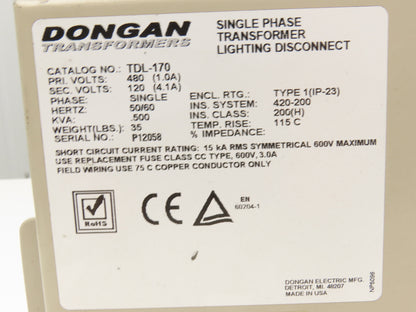 Dongan TDL-170 Transformer Lighting Disconnect 1/2KVA 1PH HV 480V LV 120V