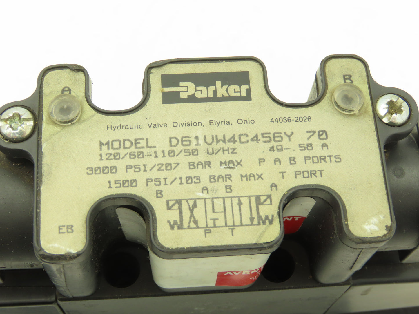 Parker D61VW4C456Y Directional Solenoid Valve 120V 50/60 Hz 3000PSI P A B Ports
