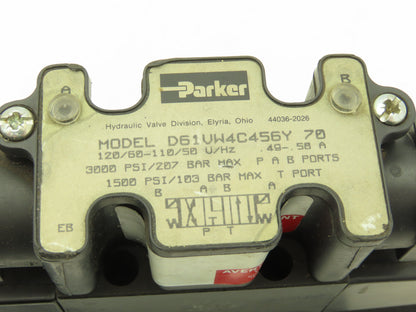 Parker D61VW4C456Y Directional Solenoid Valve 120V 50/60 Hz 3000PSI P A B Ports