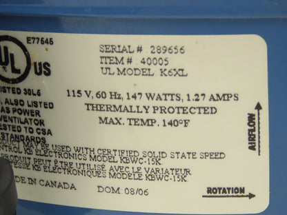 Fantech FX6XL Inline Exhaust Fan 6" Duct Blower 115V Ebm Papst R2E220-AB08-12