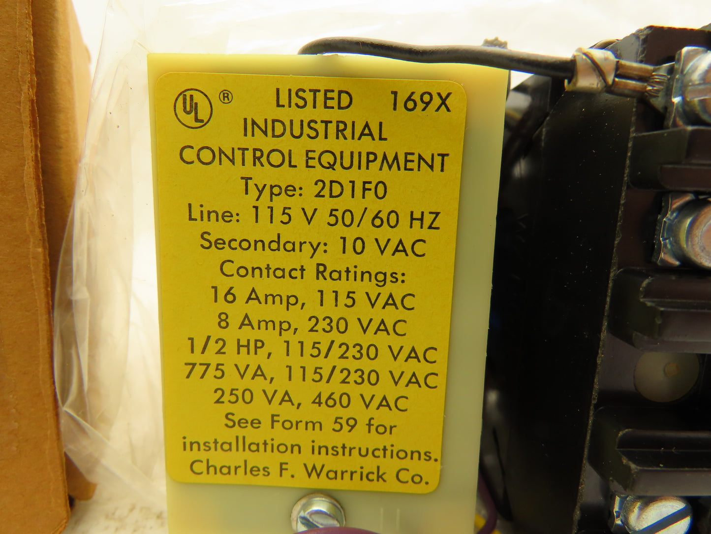 Warrick 2D1F0 Control Relay 115/230VAC 1/2Hp 10VDC Coil