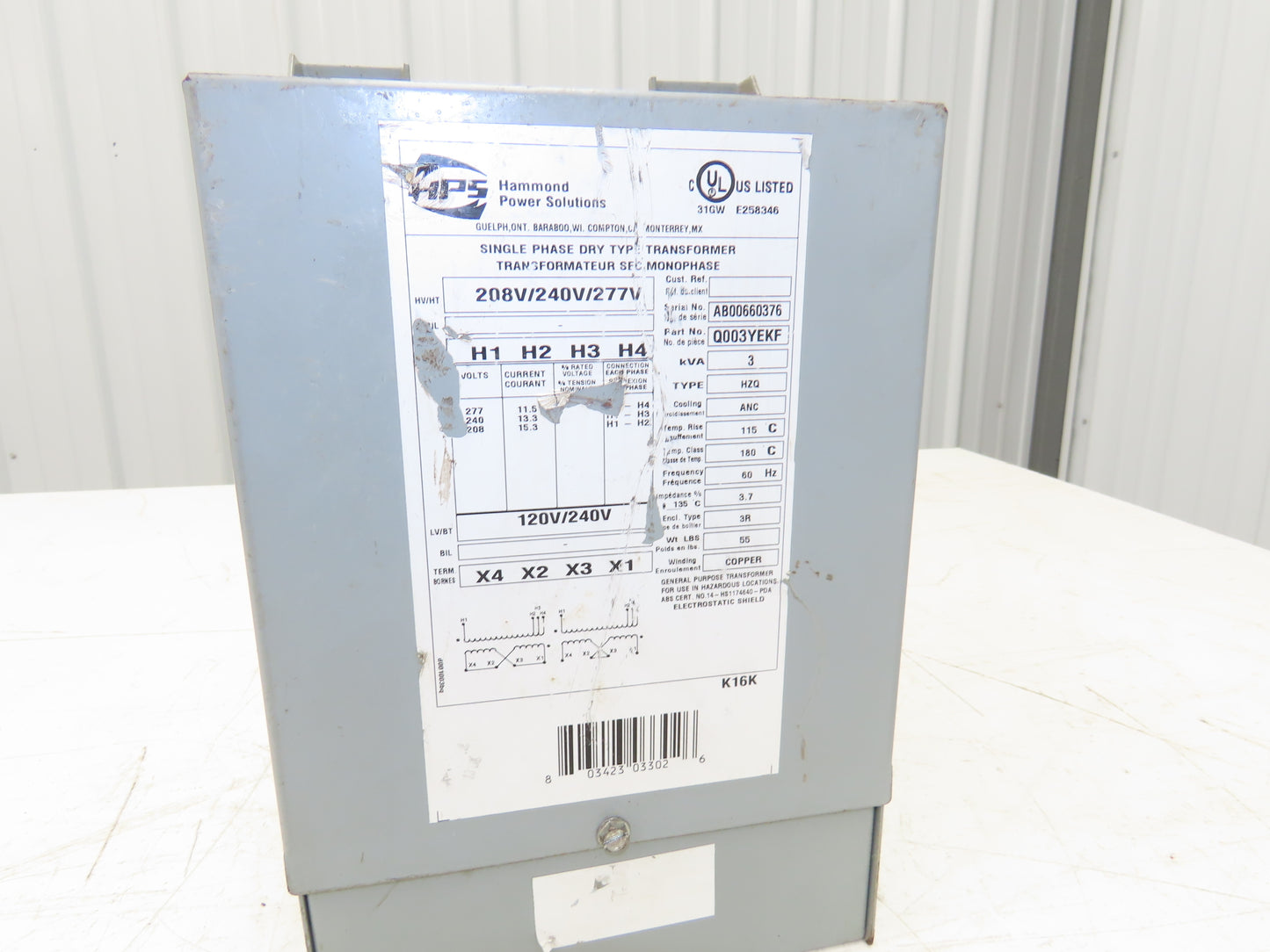 Hammond Power Solutions Q003YEKF 1 Ph Transformer 3KVA Primary 208/240/277