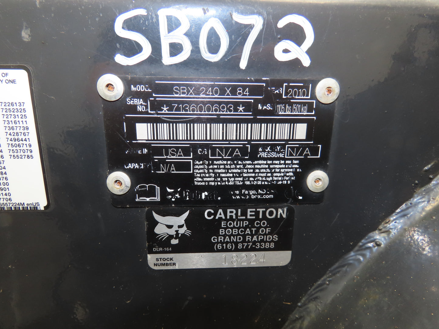 Bobcat SBX240 Skid Steer Mount Snow Blower 84" Wide High Flow Hydraulic 2010