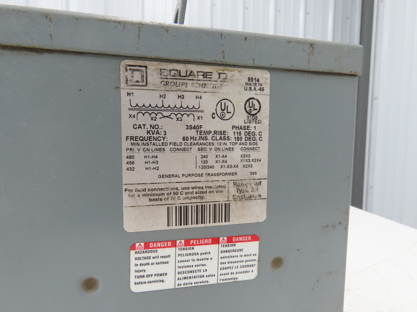 Square D 3S40F Stepdown Power Transformer 3 KVA 1Ph HV 240/480V LV 120/240V