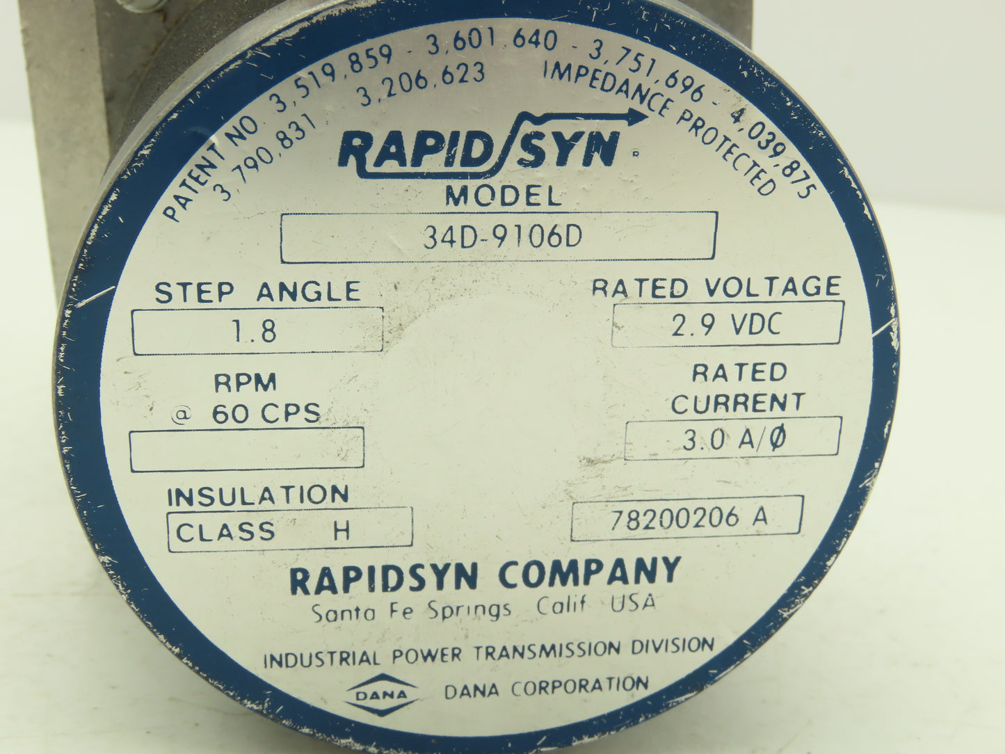 Rapidsyn 34D-9106D Dana Stepper Motor Assy 1.8 Step Angle 2.9VDC RPM 60CPS 3.0 A