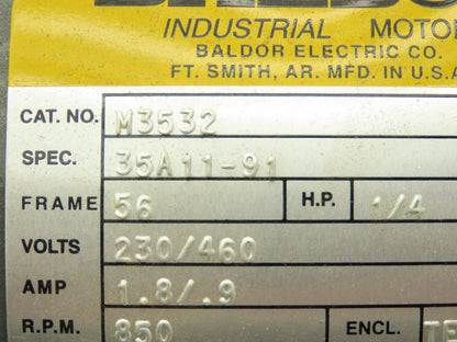 Baldor M3532 AC Motor 1/4 HP 850RPM 230/460V 60Hz 3Ph 56 Frame TEFC