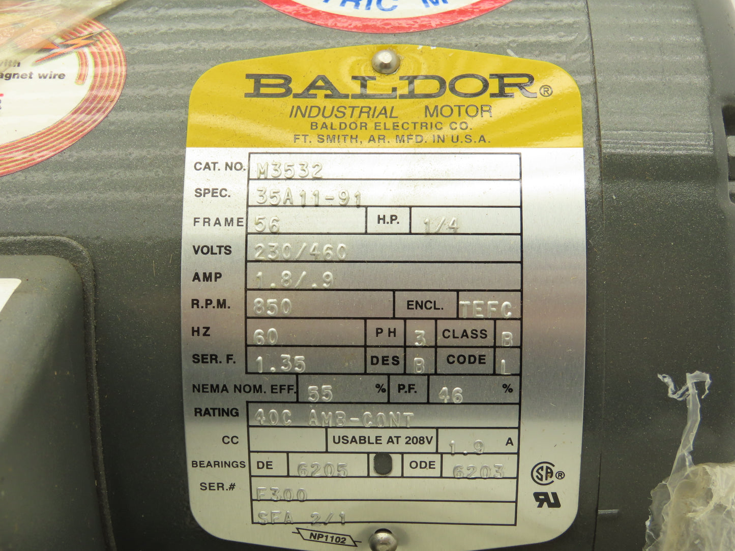 Baldor M3532 AC Motor 1/4 HP 850RPM 230/460V 60Hz 3Ph 56 Frame TEFC
