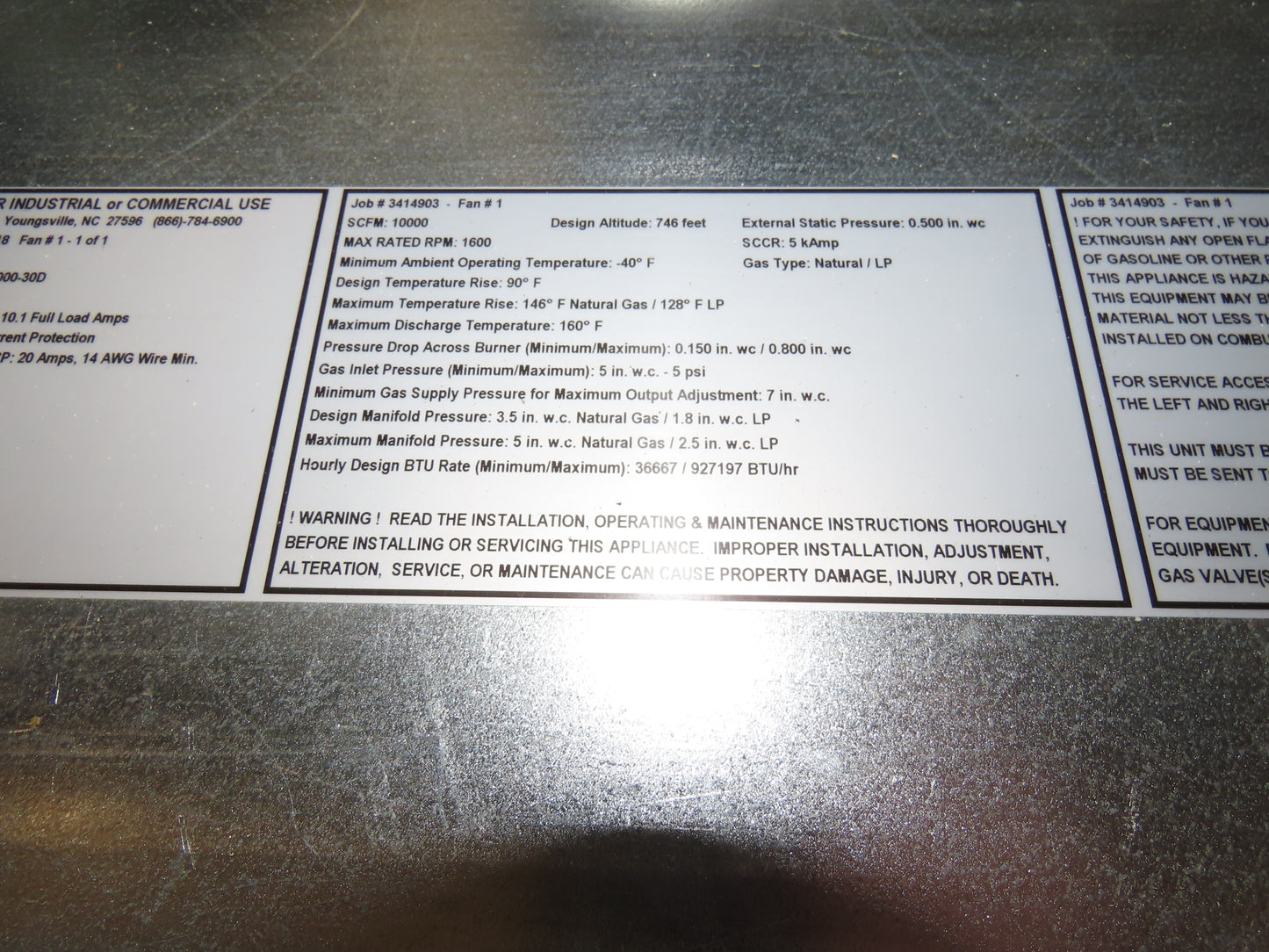 Captive Aire Make Up Heater Unit 1100000 BTUH 10000CFM 7.5Hp 460V Nat / LP