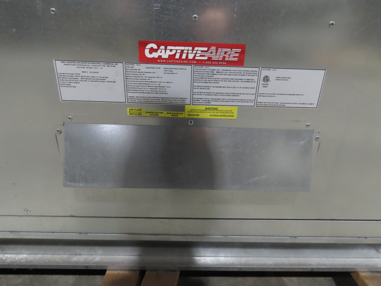 Captive Aire Make Up Heater Unit 1100000 BTUH 10000CFM 7.5Hp 460V Nat / LP