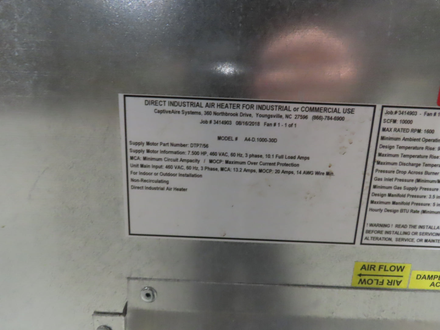 Captive Aire Make Up Heater Unit 1100000 BTUH 10000CFM 7.5Hp 460V Nat / LP