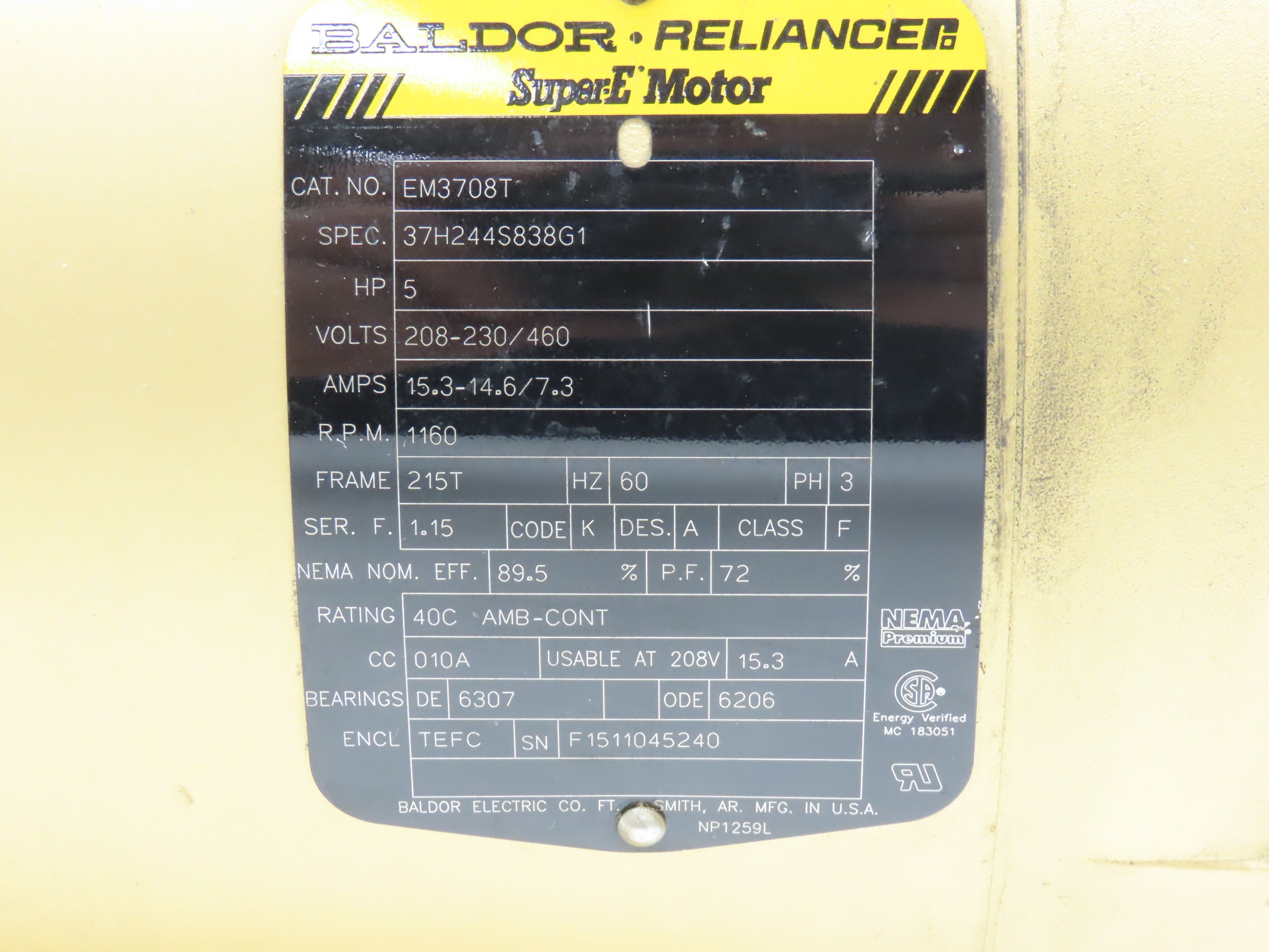 Em3708t Baldor Reliance EM3708T Super-E AC Motor 5Hp 1160 RPM 208-230/460V 3PH ...