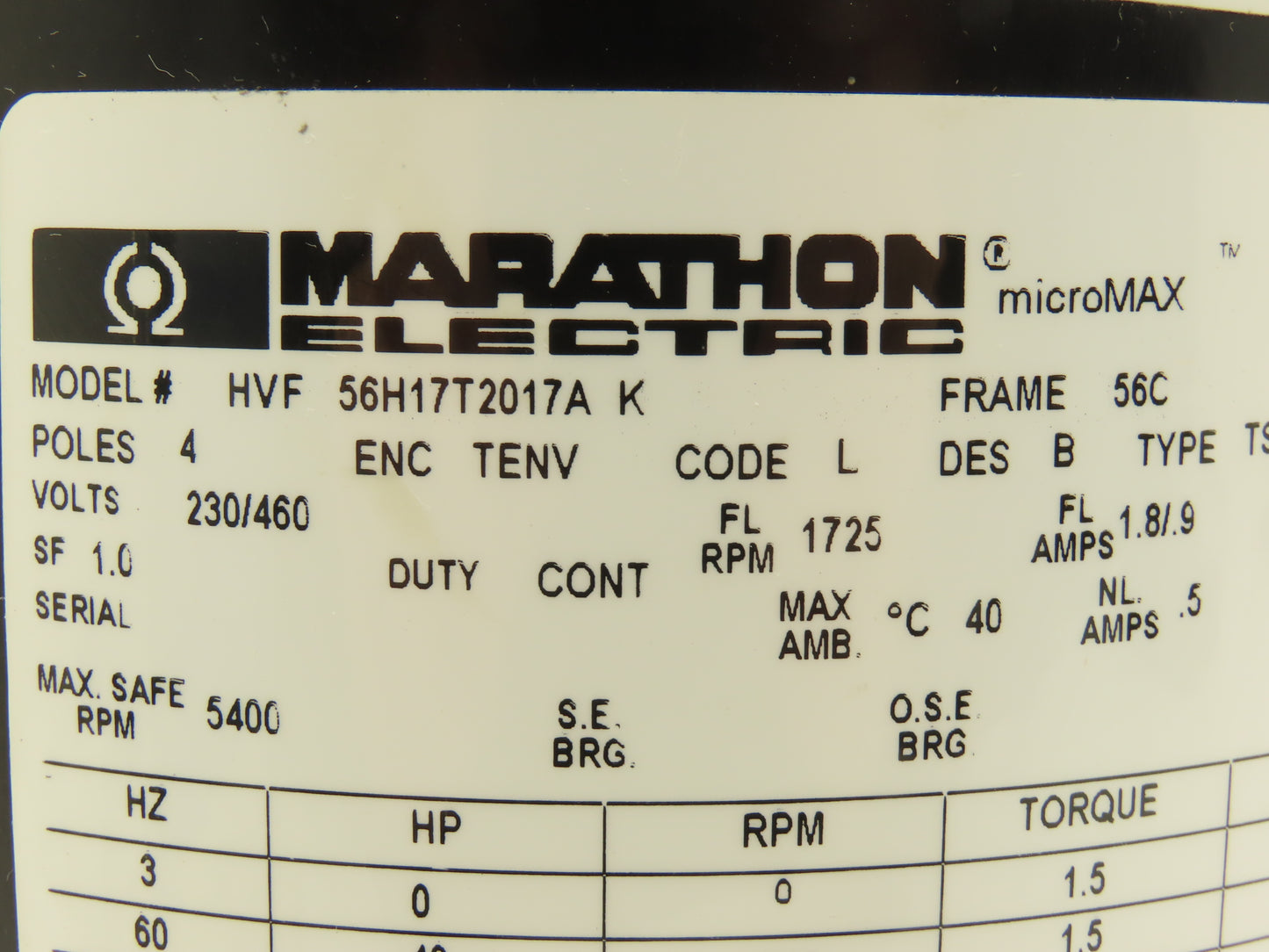 Marathon 56H17T2017A MicroMax Inverter Duty AC Motor 0.5Hp 1725rpm 230/460V 56C