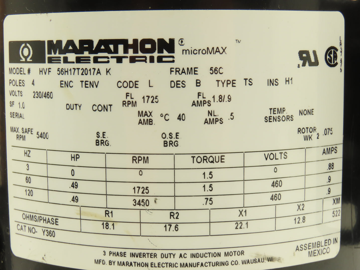 Marathon 56H17T2017A MicroMax Inverter Duty AC Motor 0.5Hp 1725rpm 230/460V 56C