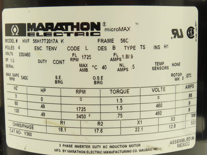Marathon 56H17T2017A MicroMax Inverter Duty AC Motor 0.5Hp 1725rpm 230/460V 56C