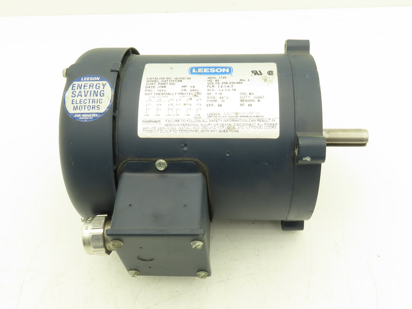 Leeson Electric C4T17FC9B AC Motor 1/4Hp 1725 RPM 230/460V 3PH 56C 101767.00