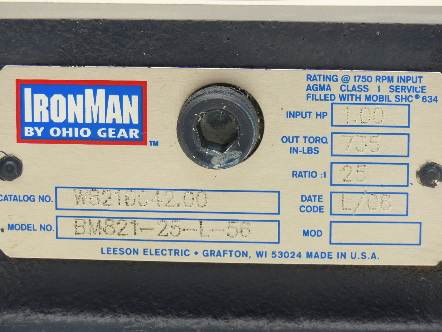 Leeson IronMan BM821-25-L-56 Worm Gearbox 25:1 Reducer 1Hp 70rpm 56C LH